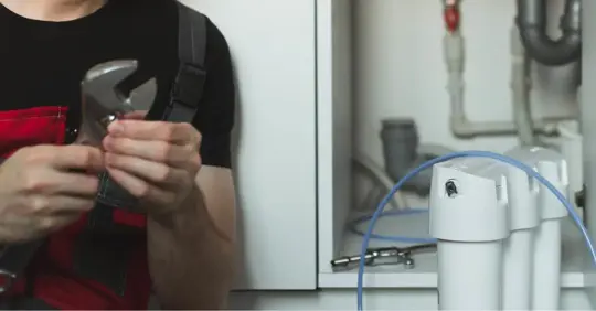 Plumber tuning up a water treatment system in the kitchen
