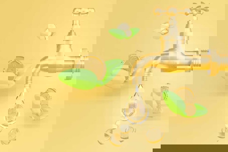 golden faucet from which gold coins are flowing, often accompanied by green leaf-like elements or drops of water