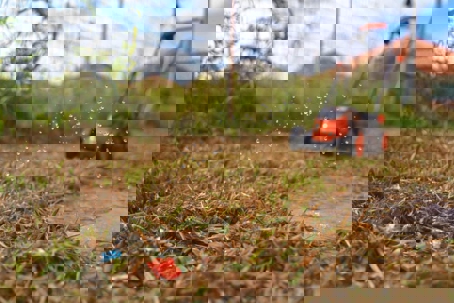 a yard with leak and a lawn mower